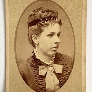 1800s Victorian CDV Oval Cardboard Woman Braid Updo Hair Style Warren OH Antique